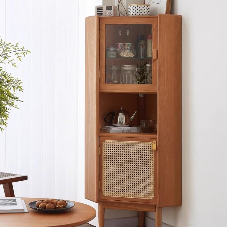 北欧实木转角柜日式三角柜墙角柜原木风客厅拐角柜藤编酒柜置物架