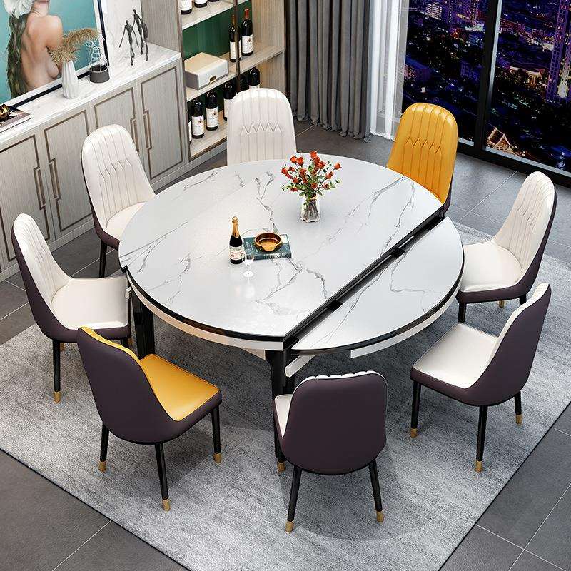 岩板餐桌现代简约轻奢家用小户型伸缩折叠实木餐桌椅组合可变圆桌