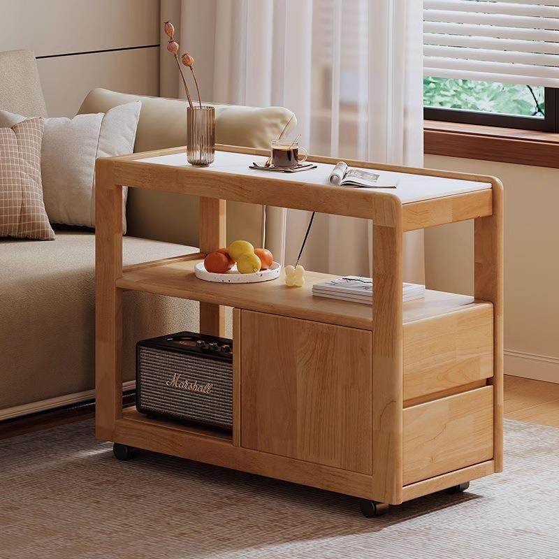 可移动茶几实木沙发边柜岩板侧边几带轮北欧小户型客厅新款