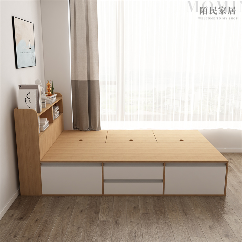 北欧高箱储物床1.l2m单人1.5m主卧双人书架床带抽屉日式榻榻米收