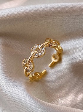 2025新款爆款古法招财铜钱币沙金戒指女轻奢高级T感旺财开口食指