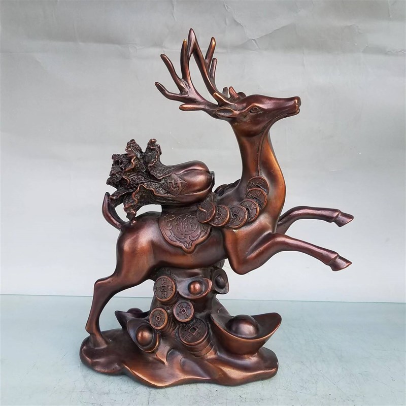 纯铜一鹿有财g鹿摆件招财铜鹿聚宝盆梅花鹿客厅玄关桌面装饰工艺