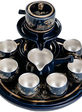 整套青花瓷鎏银茶具套组家用时来运转懒人石磨自动冲茶泡茶器茶杯