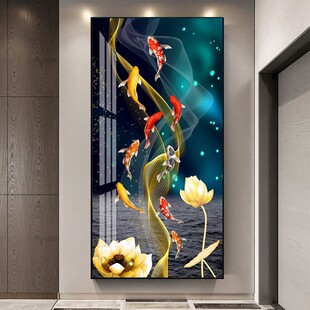 饰画高档走廊过道风水招财壁画客厅挂画 九鱼图现代轻奢入户玄关装
