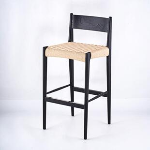 法式北欧现代实木吧椅高脚凳子编织编藤时尚酒吧椅岛台怀旧复古
