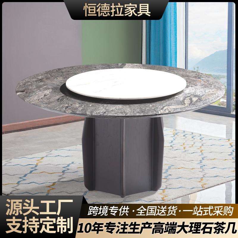 意式极简法式奶油风餐桌大气简约家用圆形大理石带转盘轻奢
