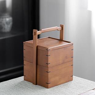 复古双层点心收纳提盒中式茶箱竹制户外提箱送礼多层食盒茶道配件