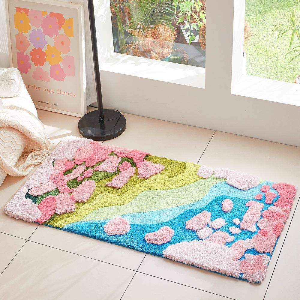 卧室地毯长方形粉色苔藓森系立体长毛手感柔软客厅地垫床边装饰毯