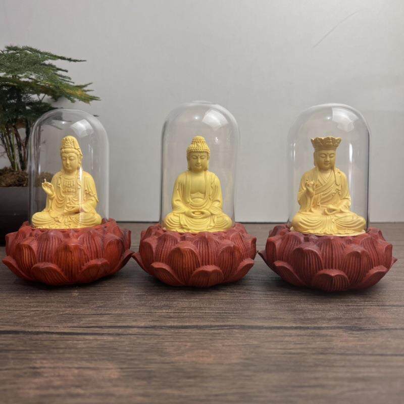 新品上市黄杨木雕刻娑婆三圣摆件居家像摆饰花梨底座车摆车饰