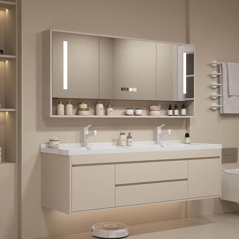 北欧轻奢陶瓷一体盆双盆浴室柜组合现代简约实木智能洗漱脸手池台