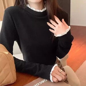 2026花边拼接半高领打底衫女秋冬双面磨毛修身设计感内搭ak