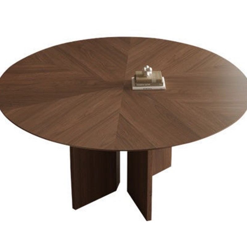 复古实木a圆桌家用小户型圆形饭桌黑胡桃木拼花带转盘圆餐桌椅组