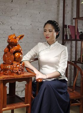 花梨木雕兔子摆件实木动物十二生肖兔家居客厅装饰送礼红木工艺品