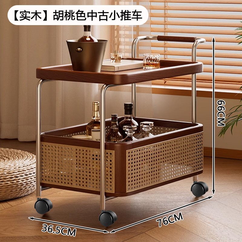 可移动边几小推车客厅沙发茶几边柜中古风实木床头收纳.置物架餐