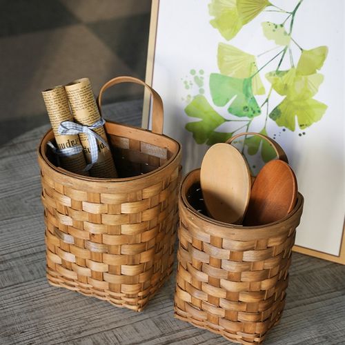 木片制厨房勺铲筷收纳筐挂篮 家A用壁挂收纳篮子 杂物壁挂篮插花