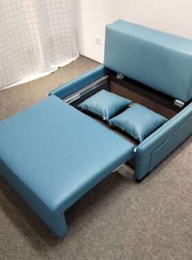现代简约浅蓝色皮艺双人沙发小户型客厅卧室折叠可储物功能沙发床