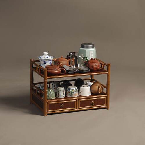 原竹棒茶棚茶具茶壶茶杯 带抽屉收纳展示架多宝阁博古架茶具配件