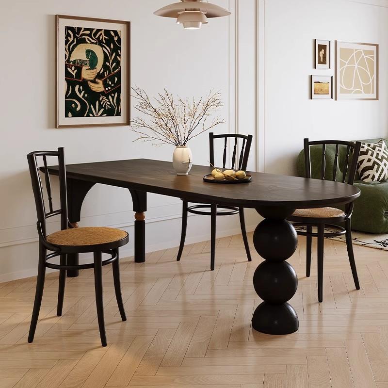 法式复古实木餐桌半圆形家用小户型黑色创意饭桌客厅餐桌书桌两用