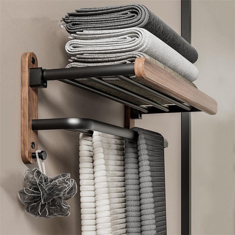黑胡桃木可折叠浴巾架酒店民宿轻奢浴室架免打孔卫生间实木毛巾架