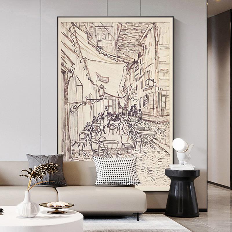 复古素描梵高咖啡馆装饰画客厅落地黑白抽象沙发墙面壁画玄关挂画