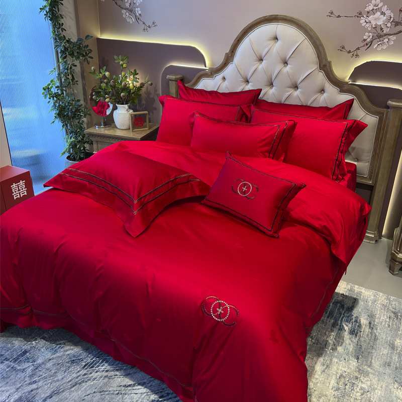 九喜狐婚庆家纺红色简约四件套结婚床上用品100支全棉一件代发