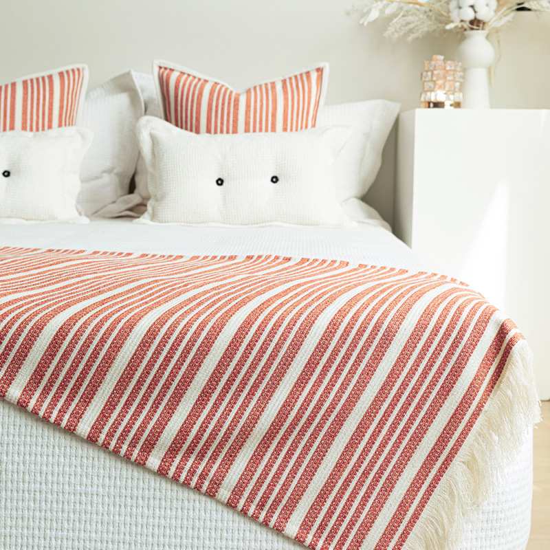 北欧风橘色棉麻条纹抱枕民宿床尾巾酒店样板间软装床旗靠枕组合