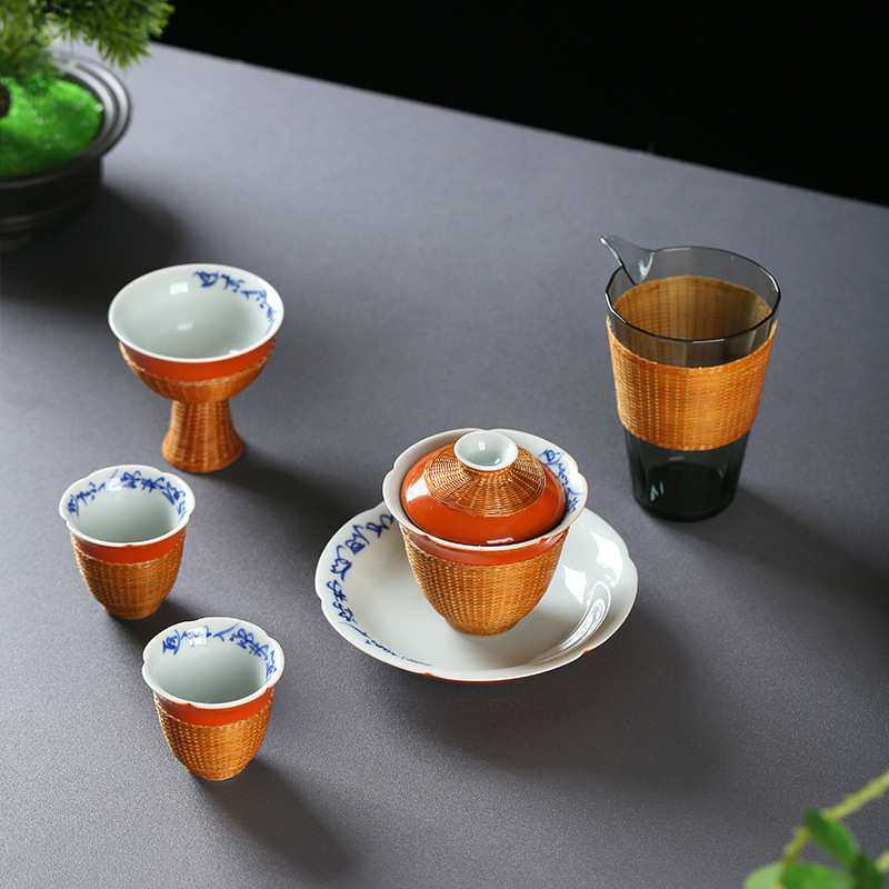 非遗竹编竹丝扣瓷德化白瓷盖碗公道杯茶杯主人杯一壶四杯茶具套装