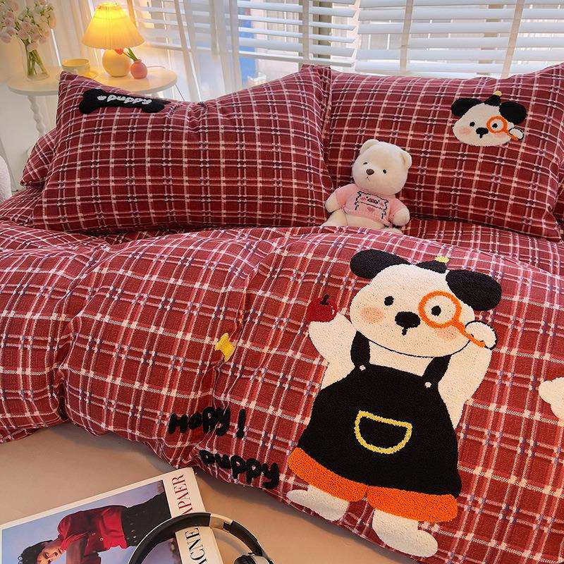 纯棉磨毛毛巾绣床上四件套2025新款全棉被套床单人学生宿舍三件套