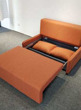 现代简约橙色棉麻小户型客厅卧室可储物可折叠导轨式多功能沙发床