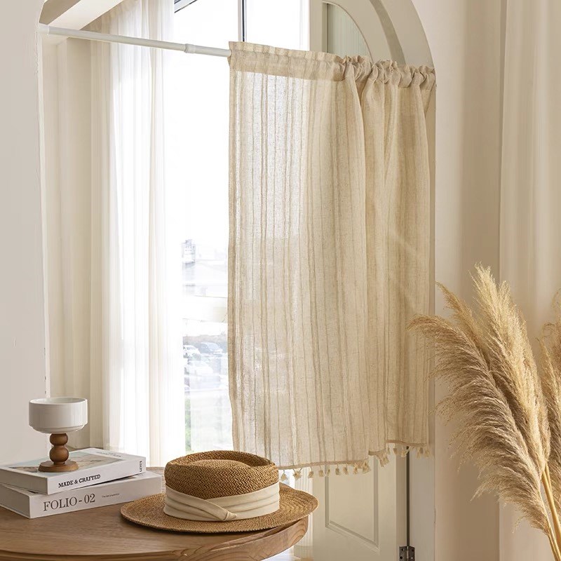 日式侘寂风亚麻门帘玄关厨房遮挡D帘飘窗遮光半帘短帘免打孔纱帘