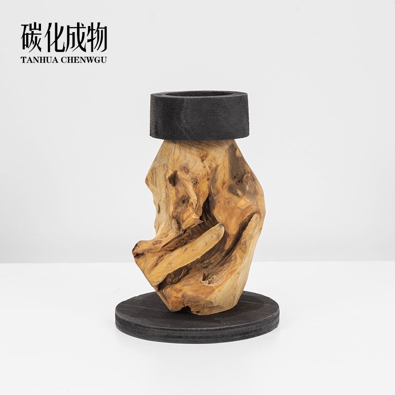 新中式侘寂风碳化木烛台日式禅意简C约酒店样板间客厅玄关桌面摆