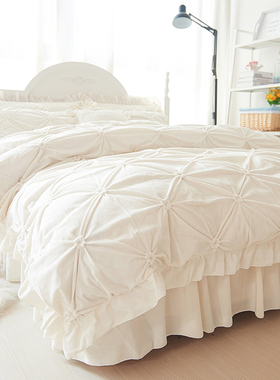 冬季欧式公主风珊瑚绒四件套牛奶绒被套白色床P上用品床裙款法兰