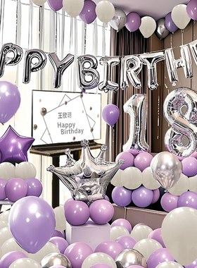 18生日快乐仪式感小女孩家里玫红色场G景布置装饰白色银色紫色气