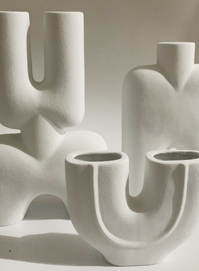 白色素烧陶瓷花瓶摆件现代简约样板间售J楼部别墅软装饰品不规则
