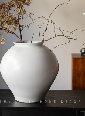 新中式白色花瓶插花n水培种树花盆侘寂风客厅民宿大号月亮罐粗陶