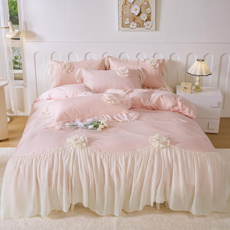 韩式全棉公主风四件套少女心雪纺花边蝴蝶结被套纯色床单床上用品