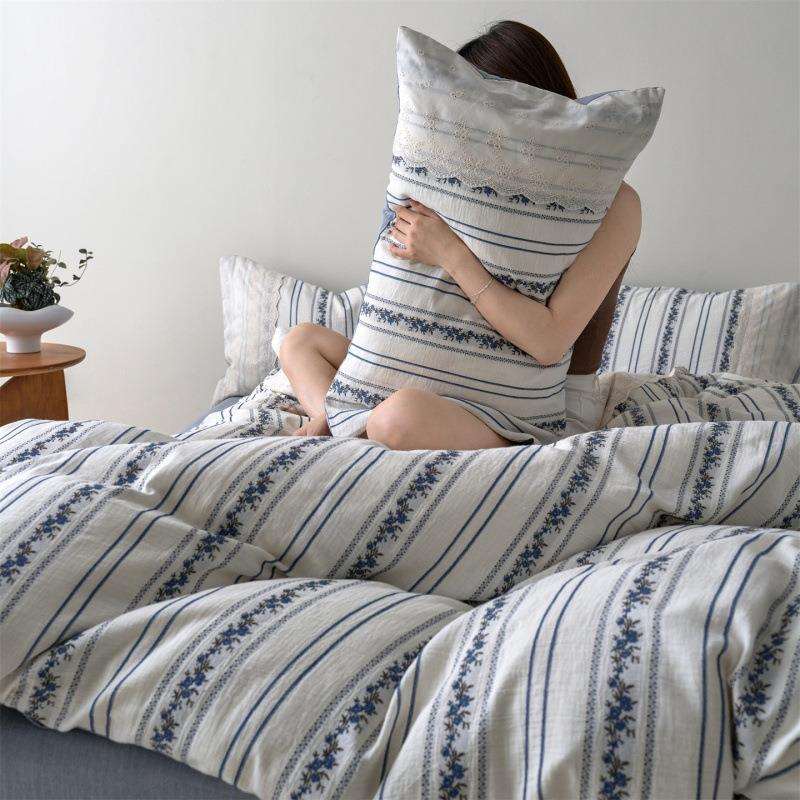 复古法式复古兰铃花提花全棉双层纱四件套纯棉被套床笠款