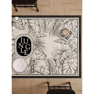 热带丛林法式餐厅桌垫复古黑白免洗防水防油防烫高级耐磨耐刮桌布