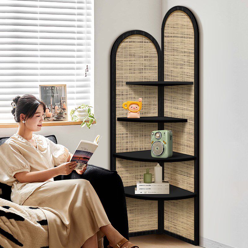 复古藤编转拐三角墙客厅置物架实木隔断中式卧室书房书柜屏风架子