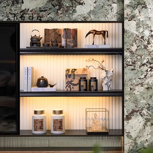 新中式样板间民宿书柜博古架锤纹提梁壶密封罐小屏风软装饰品摆件