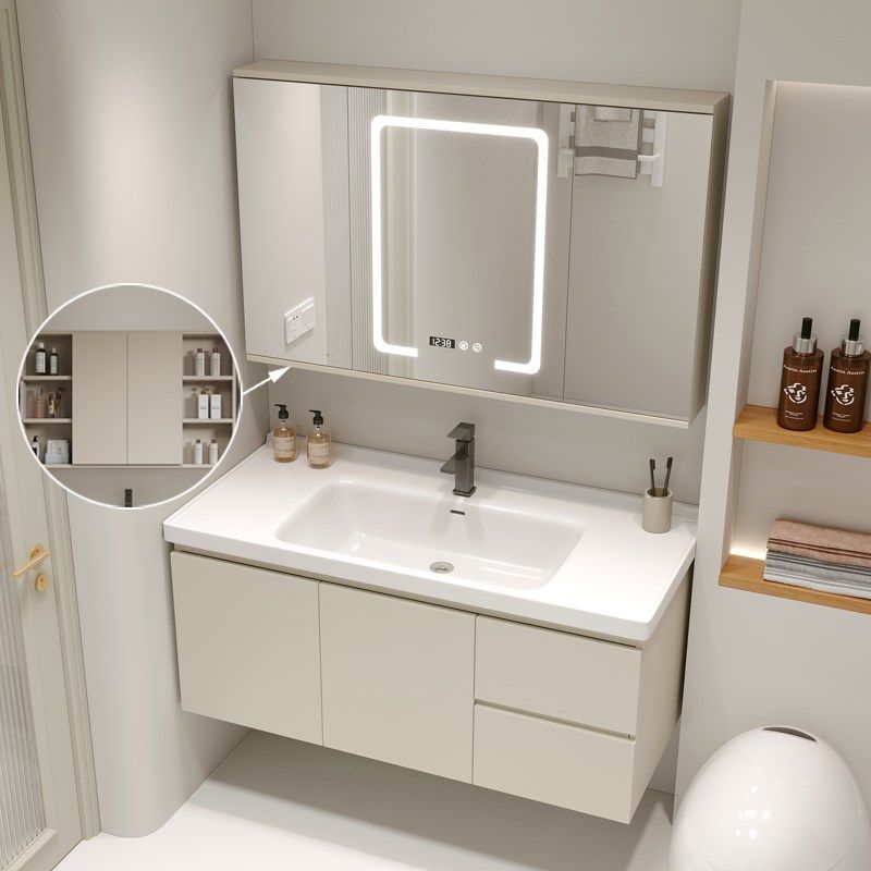 奶油风卫生间浴室柜组合风水折叠隐形镜柜一体陶瓷盆防水洗漱台,家装主材,浴室柜组合,淘宝优惠券,粉丝福利购,淘宝优惠卷