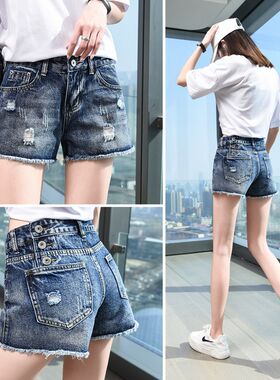 中腰牛仔短裤女2024夏季新款韩版修身显瘦百搭直筒破洞短裤热裤子