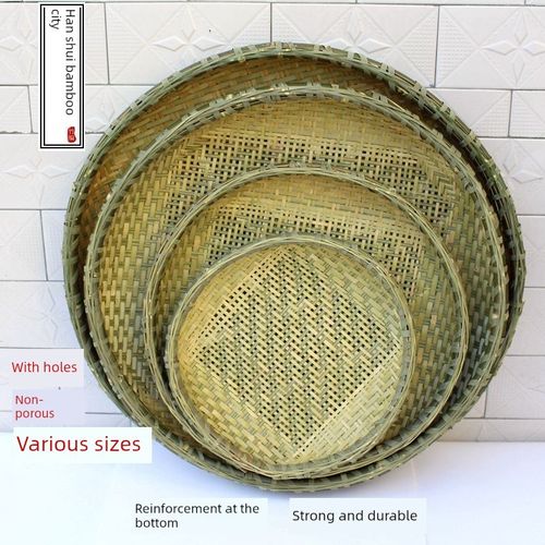 竹制品家用有孔圆簸箕及无孔竹筛手工竹编制品竹板干货烘干装饰
