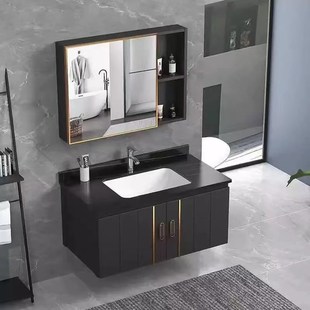 黑色岩板80cm浴室柜一体陶瓷洗脸盆柜组合卫生间洗漱台面智能镜柜