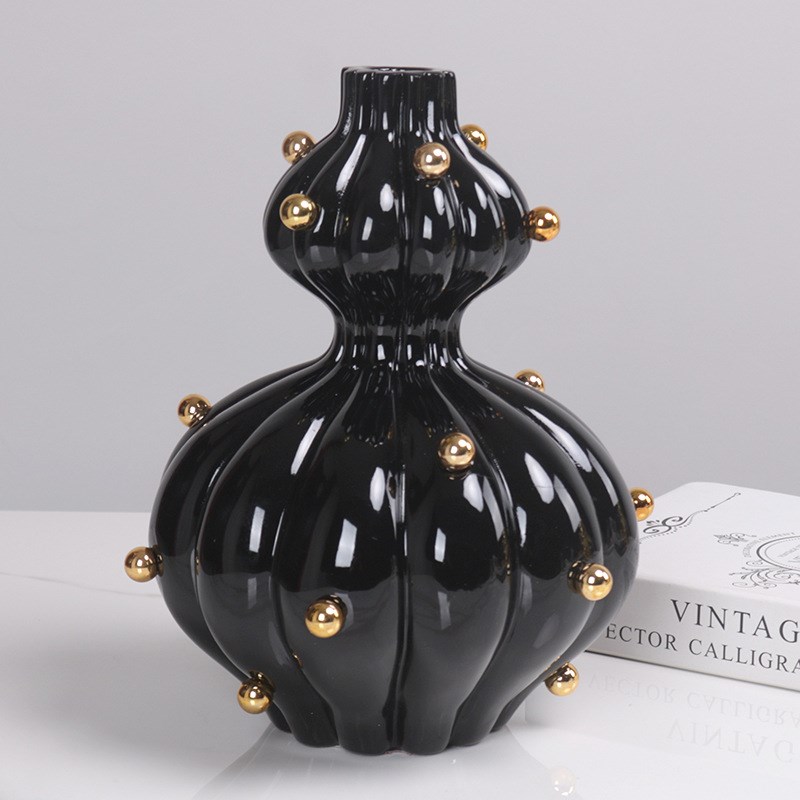 新中式黑色葫芦型花瓶摆件房地产软装客厅茶几书房玄关柜珠点花器