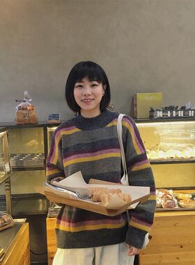 慵懒风复古宽松半高领短款黄色紫灰色撞色彩色条纹圆领套头毛衣女