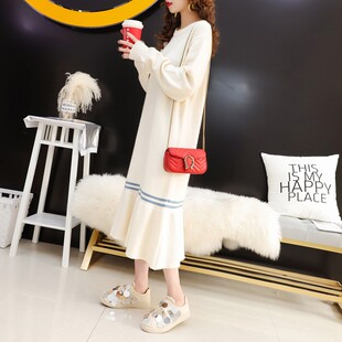 秋季 秋冬配大衣中长加厚针织内搭 毛线连衣裙过膝毛衣裙女2020新款