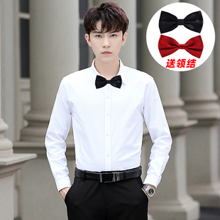 长袖 男士 秋季 潮流白色衬衣修身 结婚伴郎新郎衬衣 送领结 韩版 衬衫