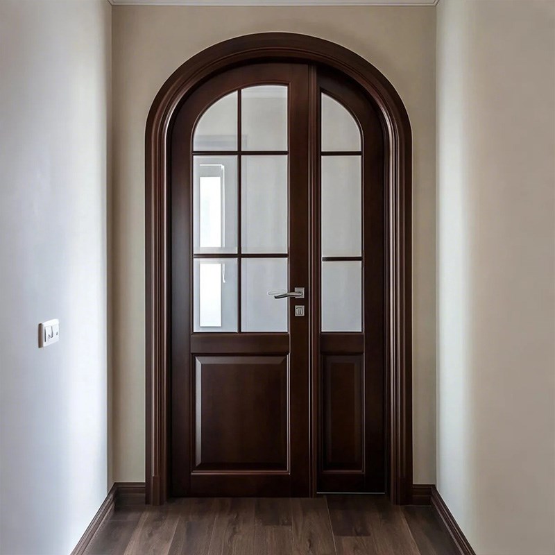 法式中古实木烤漆室内圆弧拱形卧室门房间胡桃木玻璃平开门实木门