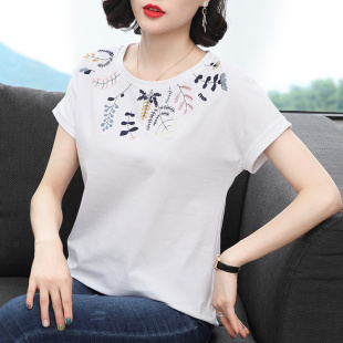 纯棉短袖t桖女 宽松2020夏季新款中老年妈妈半袖体恤大码百搭上衣
